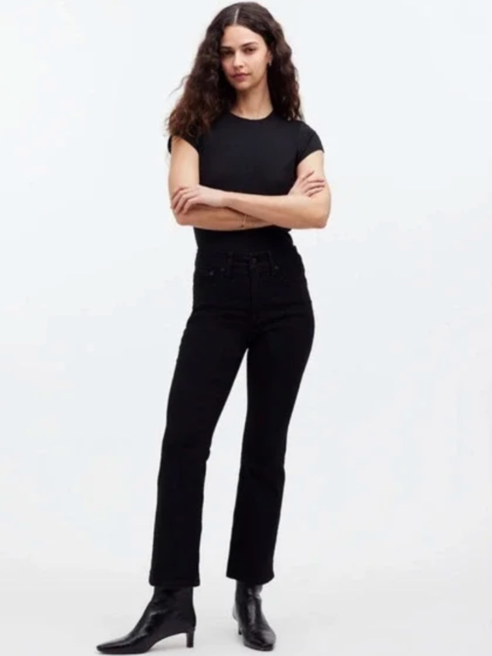 Madewell Mid-Rise Kick Out Crop Flare Stretch Jeans in Black Rinse Wash Size 31